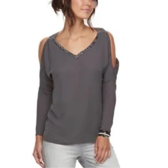 Juicy COUTURE Gray NWT V-Neck Top with Cut outs and Rhinestones Sz L - Picture 1 of 16